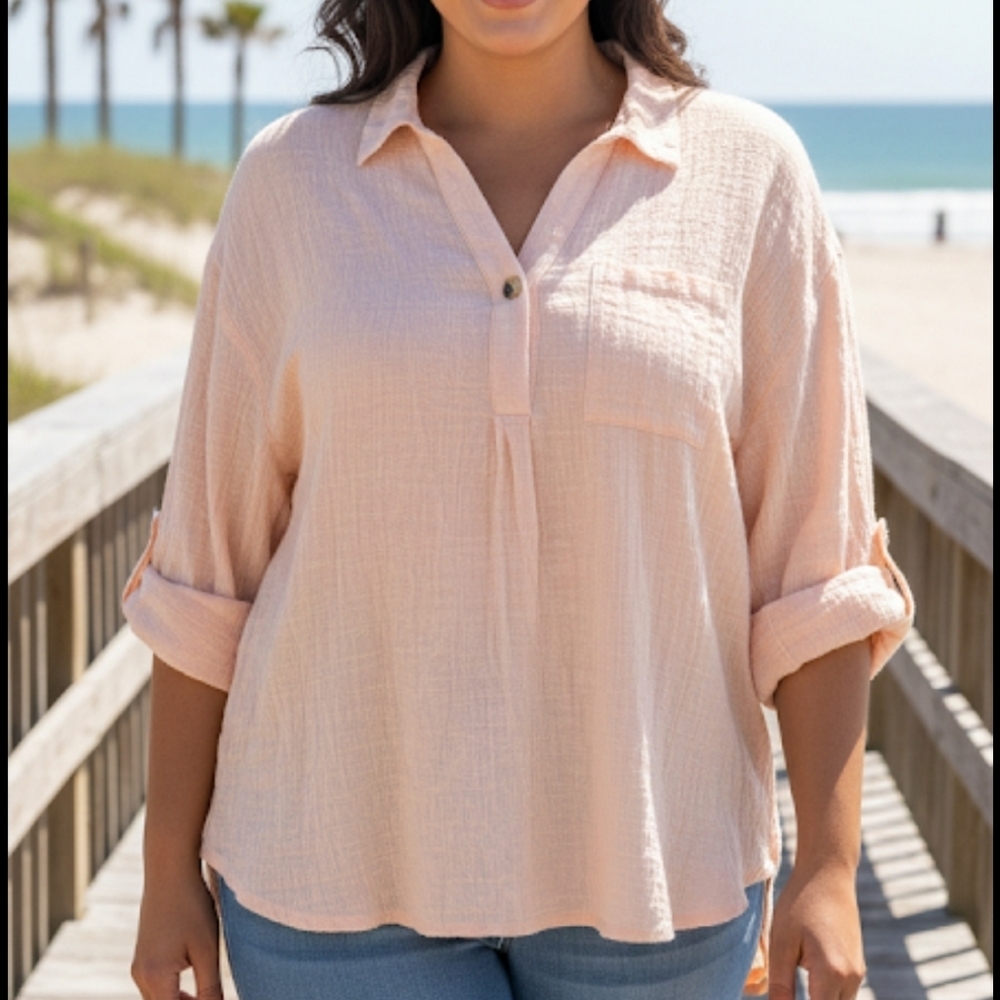 Women's Long Sleeve Button-Up Top Size 18/20W In Peach Relaxed Fit Gauze Feel